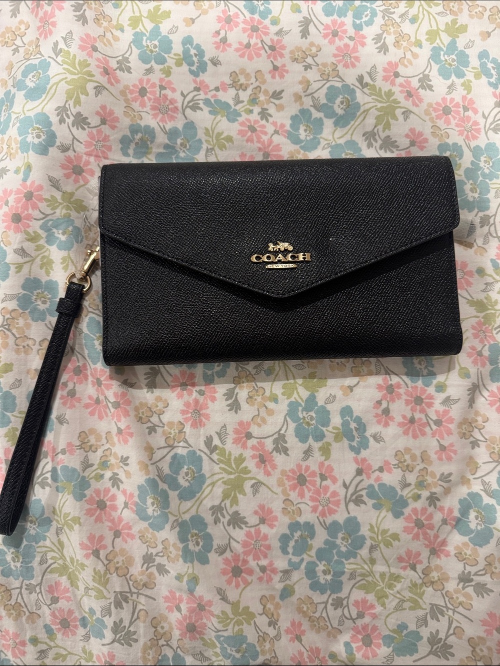 Coach Black Saffiano Leather Envelope Wristlet with Gold Logo